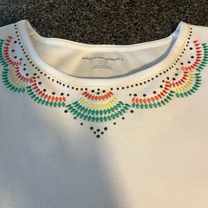 Allison Daley tee. White with embellished neckline. Petite Large